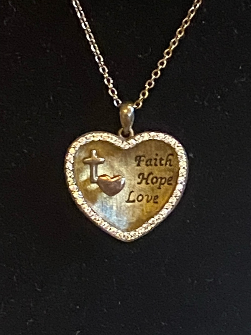 Two-Tone 925 Sterling Silver Faith Hope Love Heart Pendant Necklace Set